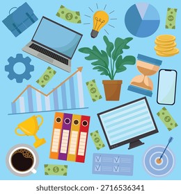 Escritorio de oficina con Elementos de emprendimiento que incluyen gráficos de monedas móviles de dinero portátil y carpetas que muestran el concepto moderno de negocios y finanzas