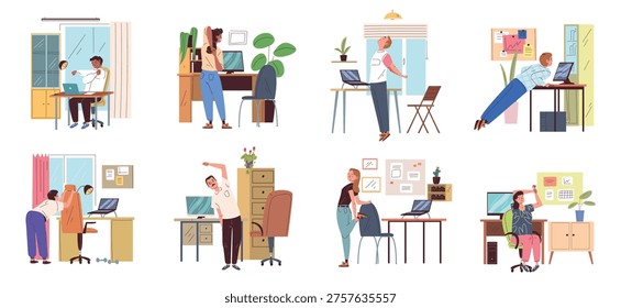 Office desk exercises. Employee stretch exercise at workplace, worker yoga break workout chair relax computer table healthy activity work sport fitness, classy vector illustration