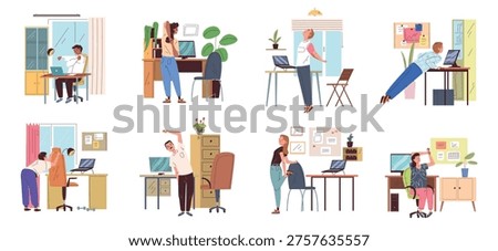 Office desk exercises. Employee stretch exercise at workplace, worker yoga break workout chair relax computer table healthy activity work sport fitness, classy vector illustration