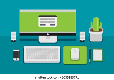 Office desk flat mock up template with flat stylish icons