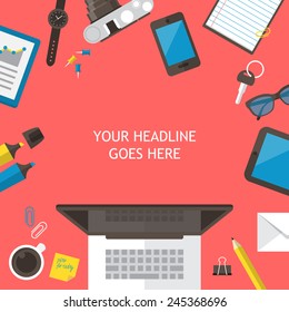 Office desk flat mock up template with flat stylish icons