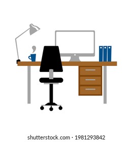 Office desk flat Vector icon. Laptop, mug of tea or coffee, part-time job at home, study at home, undergraduate, Back to school. Icon for app, game, website about education . Vector flat style