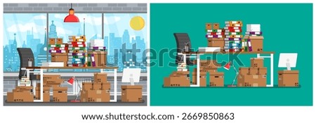 Office desk full of archive file folders, boxes, and documents. Disorganized workplace with overloaded table. Overwork concept for business.