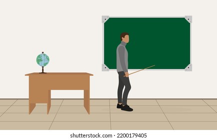 Office desk with globe, school board and male character with pointer in hand indoors