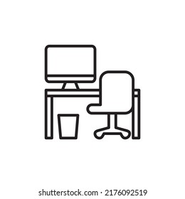 office desk icon with computer, chair. for web icons, smartphone apps. EPS10.