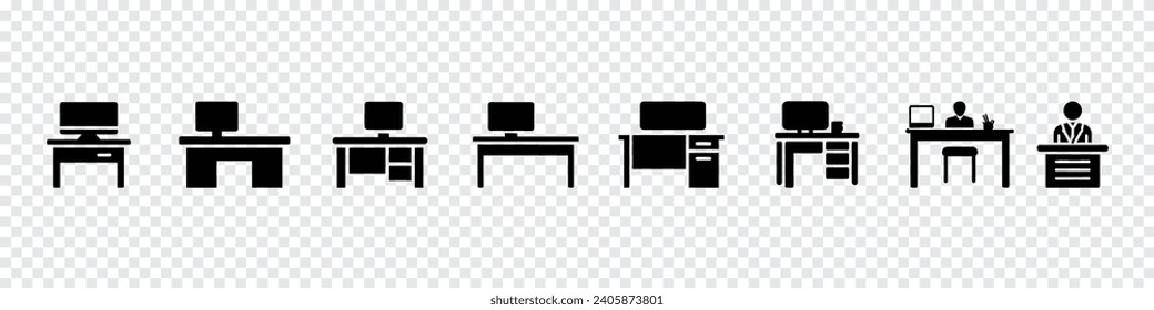 Office desk icon. computer table desk linear icon. Front desk vector icon, Office Desk Icons, Workplace, linear icon, Office icons, table and chair