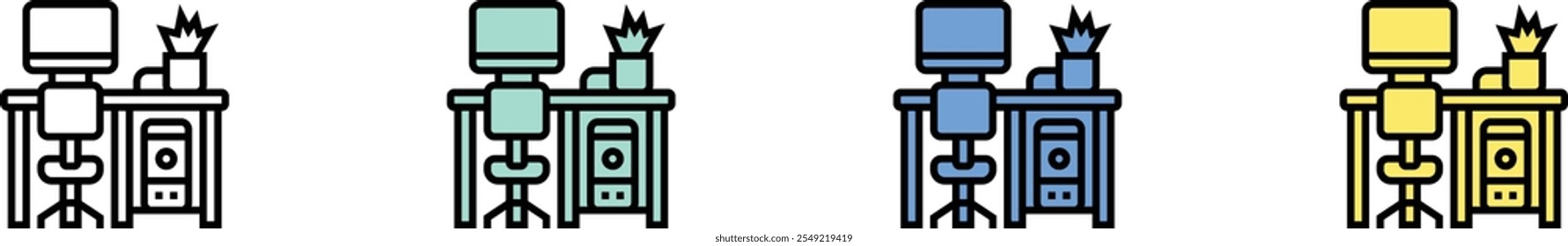 office desk icon. Outline, Green, Blue and Yellow Style Design Isolated On White Background