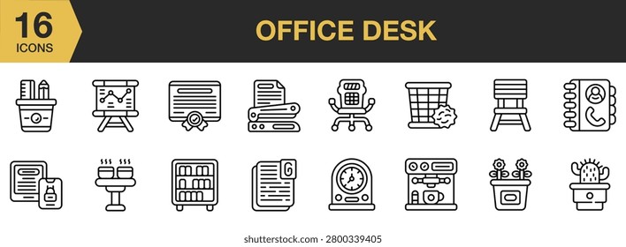 Office Desk icon set. Includes workstations, computers, chairs, stationery, lamps, office equipment and More. Outline icons vector collection.