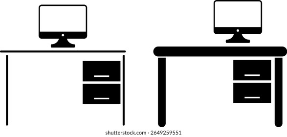 office desk icon set. Office workplace sign. organized office workspace featuring a desk. computer desk setup with monitor and speakers
