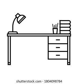 Office desk icon. Table lamp, books and shelves. Front view. Black contour silhouette. Vector linear flat graphic hand drawn illustration. The isolated object on a white background. Isolate.