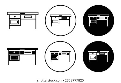 Office Desk Icon. Wooden furniture to seat household table symbol. Home workplace desk vector.