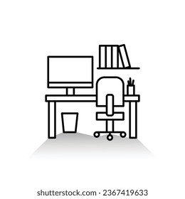 Office Desk Icon. Workplace icon. Job, office, working sign. The table, computer, penholder, pen, and dustbin symbols. Workstation vector illustration