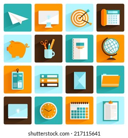 Office desk icons flat set of pass folders clock and stationery isolated vector illustration
