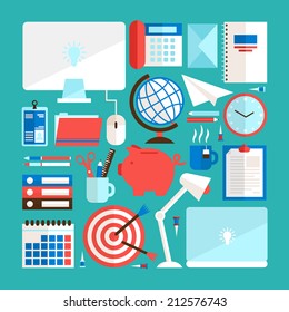 Office desk icons set of computer tea cup and stationery isolated vector illustration
