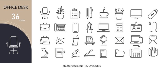 Iconos de escritorio de oficina establecidos para el espacio de trabajo, archivos, portátil, papelería, organización y tareas diarias de oficina. Trazo editable.