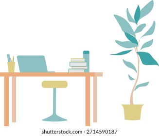 Plano de Fundo da Ilustração do Office Desk - Espaço de Trabalho com Laptop e Livros, Sem Pessoas, Horizontal