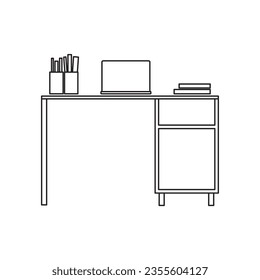 Office desk illustration icon for workspace, office interior employee executive line back workspace desk  vector icon design, wooden workspace desk  for work space, modern office armchair in black out