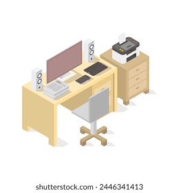 Office desk isometric illustrated in vector