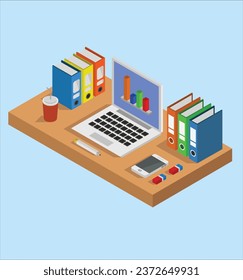 office desk isometric test vector design illustration