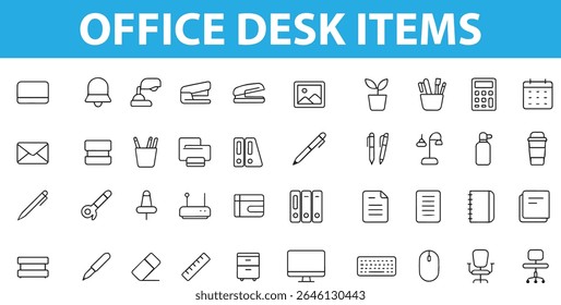 Office Desk Items Icons,  Laptop, Pen, Monitor, Calendar, Coffee Mug, Folder, and More, Provided in Editable Format EPS, JPG
