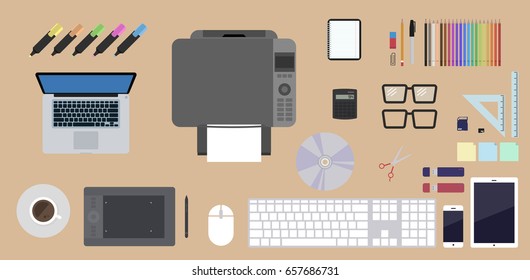 Office Desk Items Vector. Top View. Business and office elements.