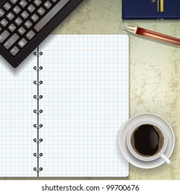 office desk with keyboard coffee and notepad