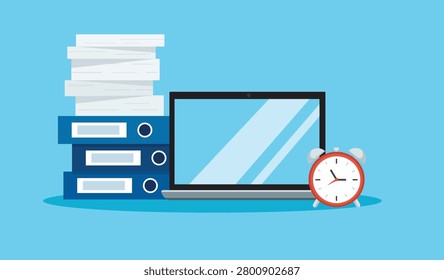 Office Desk with Laptop Binders Paper Stack and Alarm Clock