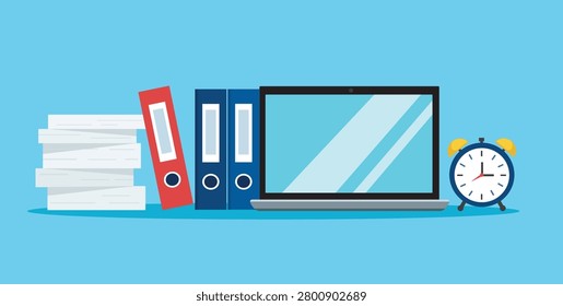 Office Desk with Laptop Binders Paper Stack and Alarm Clock