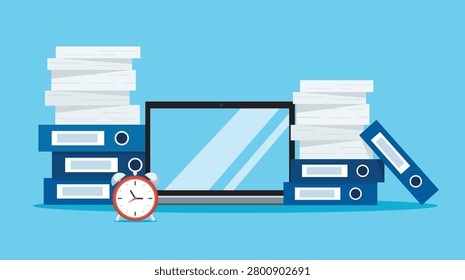 Office Desk with Laptop Binders Paper Stack and Alarm Clock