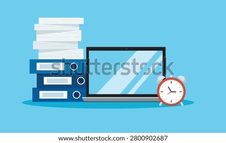 Office Desk with Laptop Binders Paper Stack and Alarm Clock