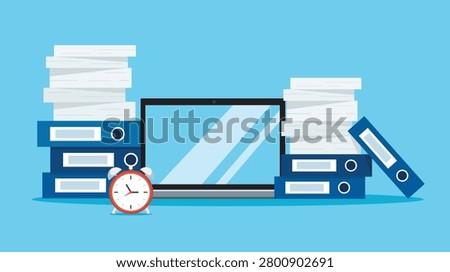Office Desk with Laptop Binders Paper Stack and Alarm Clock