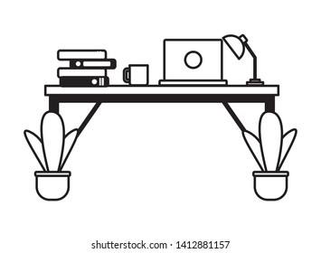 office desk laptop books workplace vector illustration