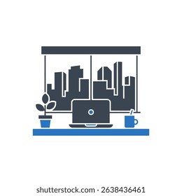 An office desk with a laptop and city view icon.