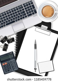 Office desk with laptop, coffee, pen and calculators Vector realistic