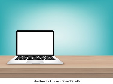 Office Desk With Laptop Computer White Screen On Wooden Table Front View. Vector Realistic Mockup Of Modern Notebook. On Blue Background. Realistic 3D Vector Illustration.