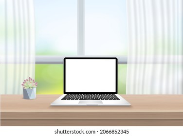 Office Desk With Laptop Computer White Screen On Wooden Table Front View In White Room Modern. Front Of Window Glass And Curtain. Realistic 3D Vector Illustration.