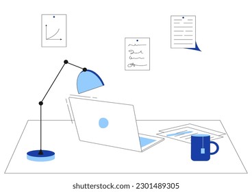 Office desk with laptop, document papers, lamp and tea. Modern business workplace. Home workspace table. Flat vector illustration. EPS 10