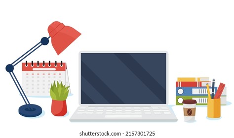 Office desk with laptop, lamp, document papers, calendar, coffee and flower. Modern business workplace. Home workspace table.Vector illustration flat style Eps 10