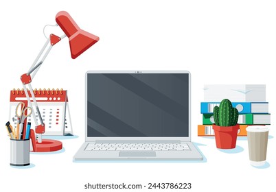 Office desk with laptop, lamp, document papers. Calendar, stationery, folders. Modern business workplace. Home workspace table, coffee cup and cactus plant. Vector illustration flat style