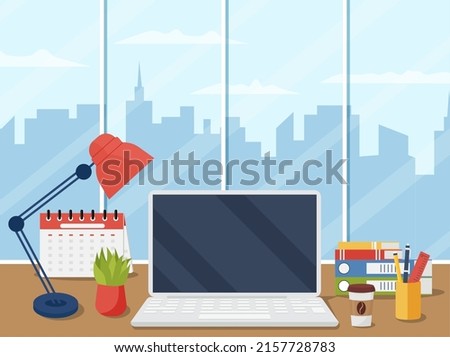 Office desk with laptop, lamp, document papers, calendar, coffee and flower. Modern business workplace. Home workspace table.Vector illustration flat style Eps 10