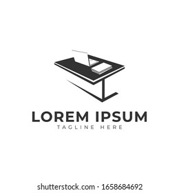 Office Desk with Laptop Logo Vector Icon Illustration