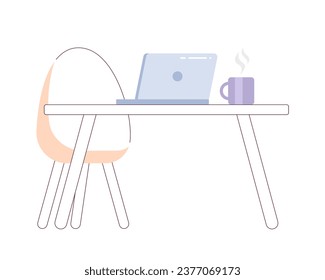 Office desk laptop with mug 2D cartoon object. Workspace computer and steamed drink cup isolated vector item white background. Comfortable chair table workplace color flat spot illustration