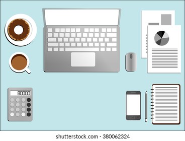 Office desk with laptop, notepad, smartphone , donut and coffee cup top view background