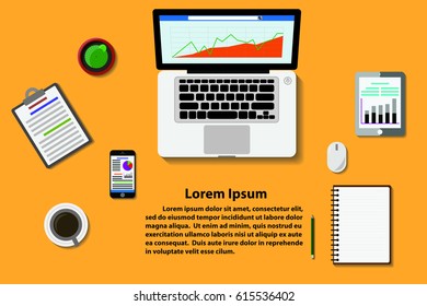 Office desk, Laptop and other office supply top view vector illustration and EPS10