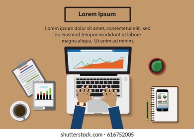 Office desk, Laptop and other office supply top view vector illustration and EPS10
