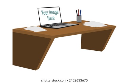 Office desk with laptop, scattered papers, pencil case, pen, pencil. vector illustration isolated on white background.