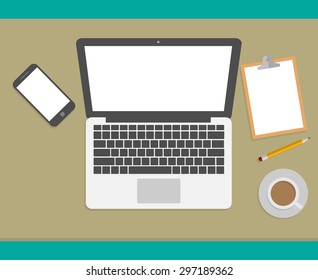Office desk with laptop, smartphone, clipboard, coffee and pencil on it. Flat style