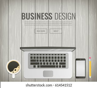 Office desk with laptop, smartphone, cup of coffee and supplies. Concept website template. Business background. Vector illustration