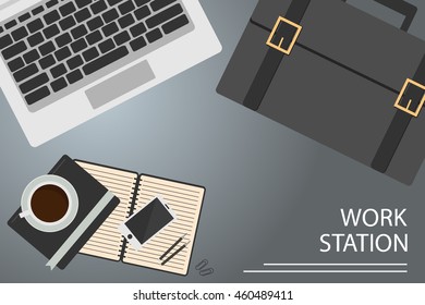 Office desk with laptop tablet smart phone note book and coffee on the top view vector background flat design