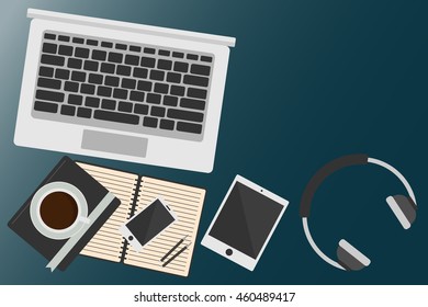 Office desk with laptop tablet smart phone note book and coffee on the top view vector background flat design
